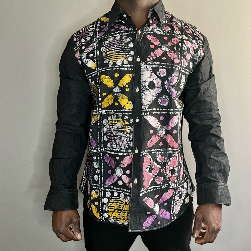 Batik Style African Men Button Down Collared Shirt Size L